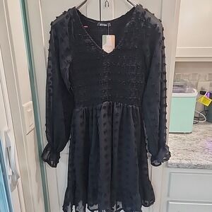 BTFBM Black Swiss‎ Dot Smocked Dress S NWT